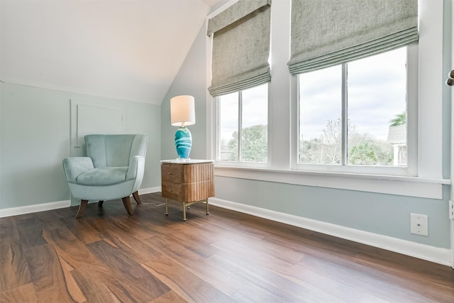 living area featuring lofted ceiling and dark hardwood / wood-style flooring