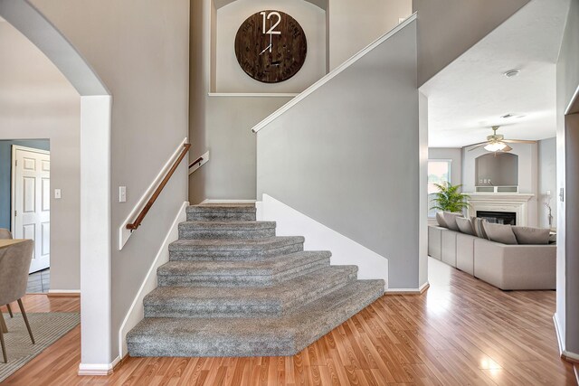 stairway featuring a high ceiling, hardwood / wood-style floors, and ceiling fan