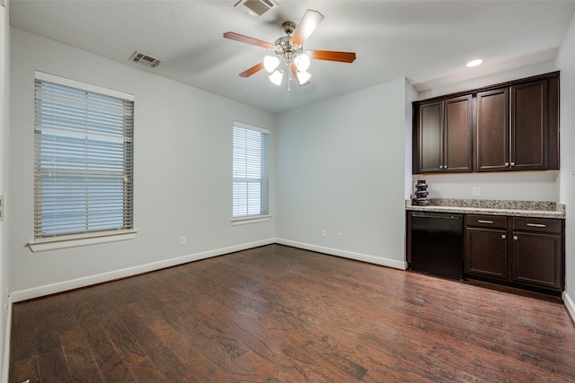 kitchen featuring fridge, dark wood-type flooring, ceiling fan, and dark brown cabinetry