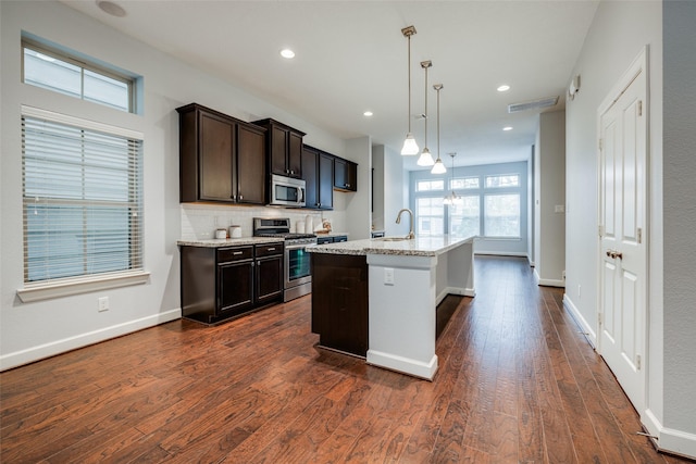 kitchen featuring a kitchen island with sink, appliances with stainless steel finishes, pendant lighting, decorative backsplash, and sink