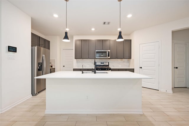 kitchen with stainless steel appliances, a kitchen island with sink, and hanging light fixtures