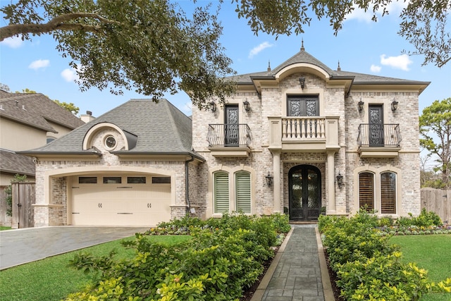 french country inspired facade with a garage, french doors, and a balcony