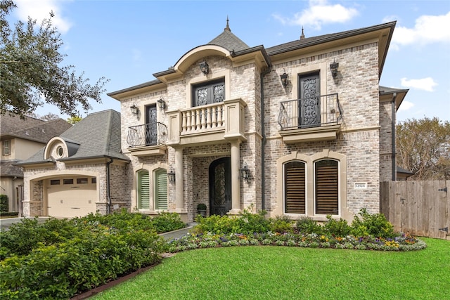 french country home featuring a garage, a balcony, and a front lawn