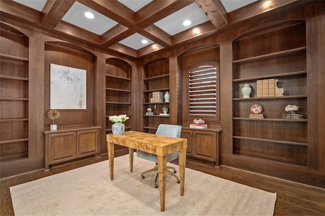 office area with beamed ceiling, coffered ceiling, dark hardwood / wood-style floors, and built in shelves