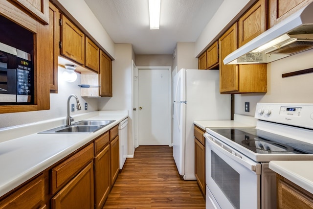 kitchen featuring dark hardwood / wood-style flooring, sink, and white appliances