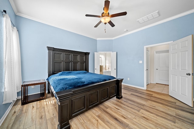 bedroom with ornamental molding, ceiling fan, and light hardwood / wood-style floors