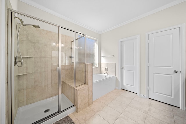 bathroom featuring tile patterned floors, independent shower and bath, and crown molding