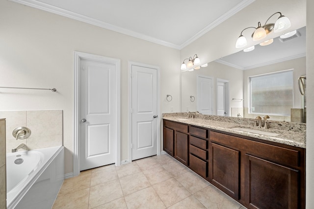 bathroom with a bath, tile patterned flooring, crown molding, and vanity