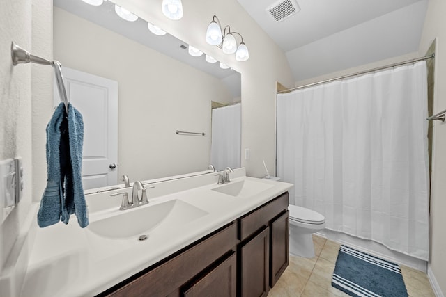 bathroom featuring toilet, tile patterned flooring, curtained shower, lofted ceiling, and vanity