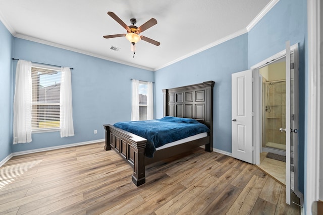 bedroom with ensuite bath, light wood-type flooring, ceiling fan, and crown molding