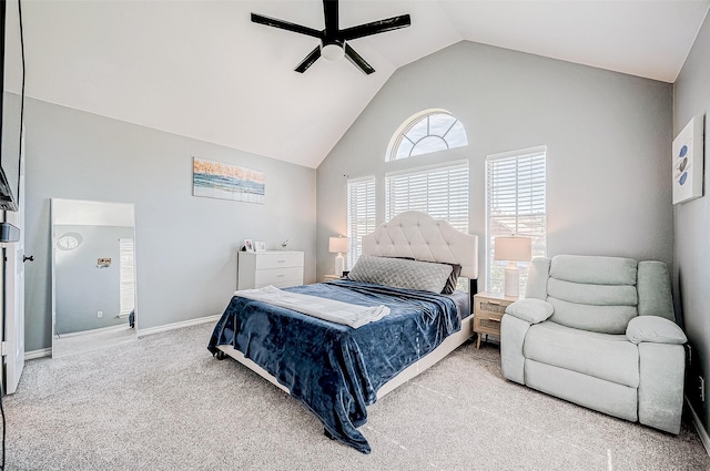 bedroom featuring lofted ceiling, carpet floors, and ceiling fan