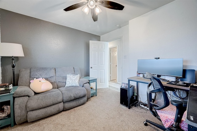 office area featuring ceiling fan and carpet