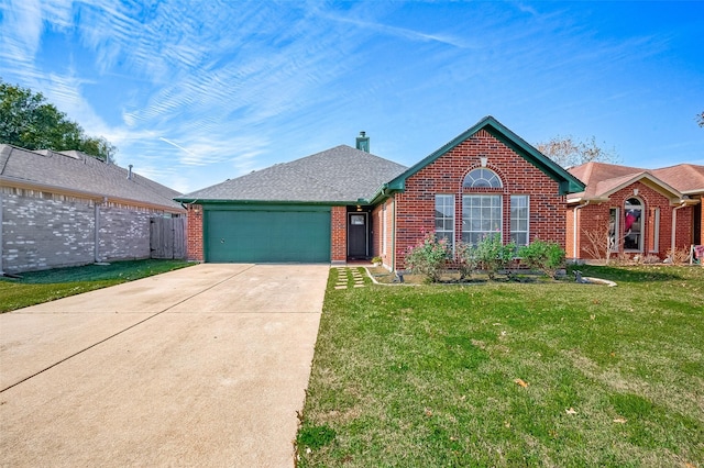 single story home featuring a garage and a front lawn