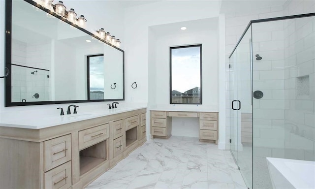 bathroom featuring independent shower and bath and vanity