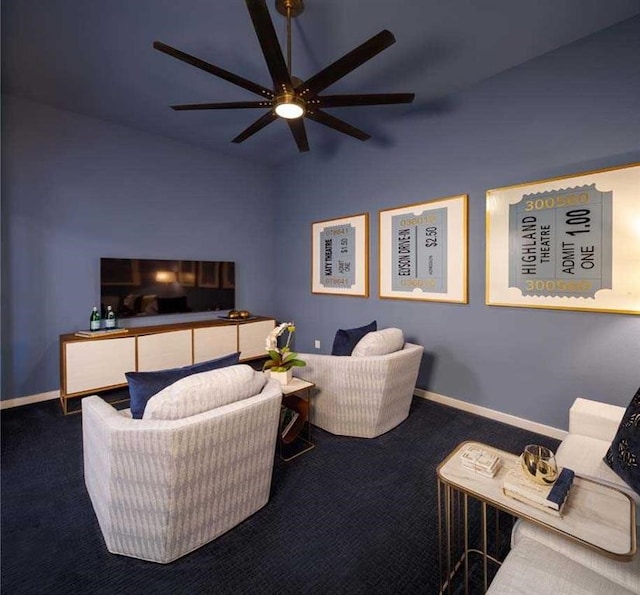 living room with ceiling fan and dark carpet