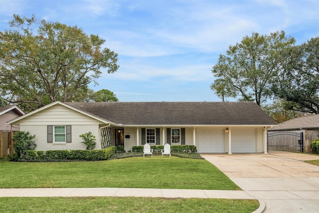 ranch-style house featuring a front yard and a garage