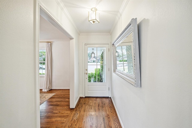 doorway to outside with dark hardwood / wood-style flooring and ornamental molding