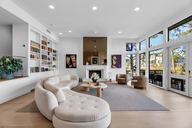 living room with light wood-type flooring and built in features