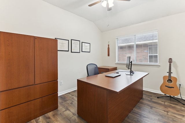 office featuring ceiling fan, dark hardwood / wood-style flooring, and vaulted ceiling