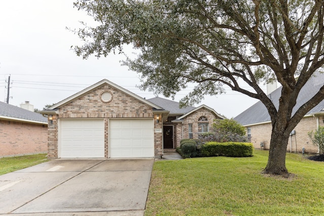 single story home featuring a front lawn and a garage