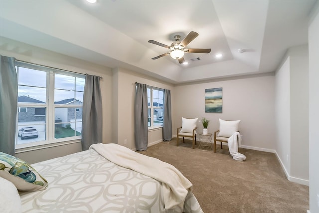 bedroom featuring a raised ceiling, ceiling fan, and carpet