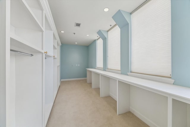 spacious closet featuring light colored carpet