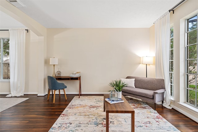 living room featuring dark wood-type flooring and a wealth of natural light