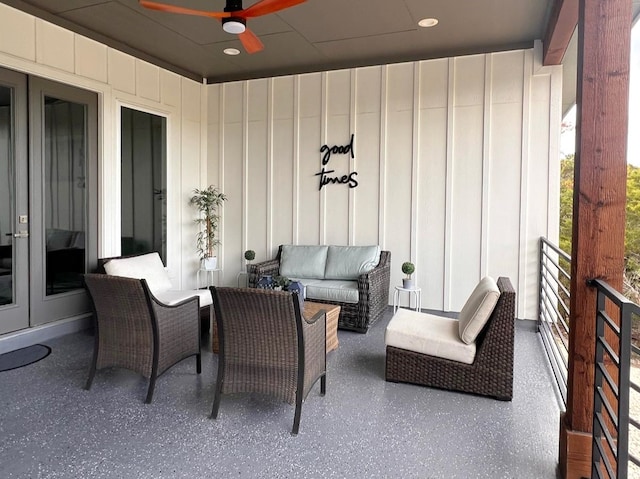 exterior space featuring ceiling fan, french doors, and an outdoor living space