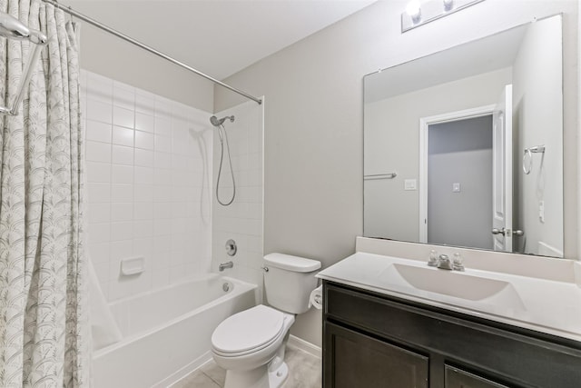 full bathroom featuring toilet, shower / bath combination with curtain, and vanity