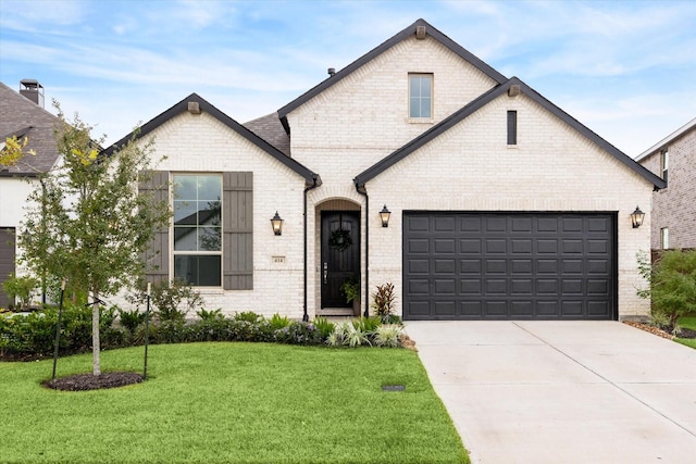 view of front of house with a front yard and a garage