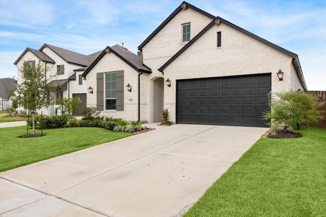 view of front of property featuring a garage and a front lawn