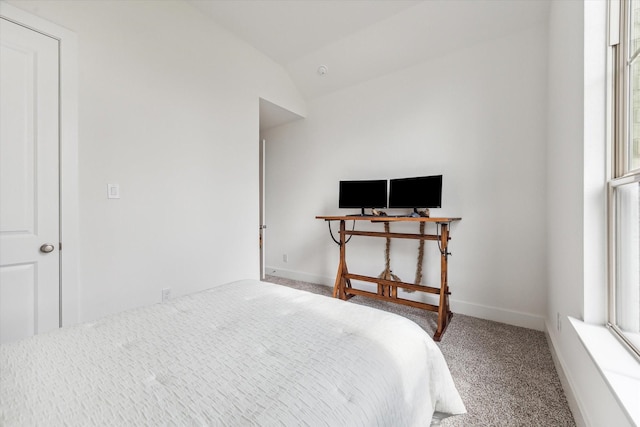 bedroom with vaulted ceiling and carpet