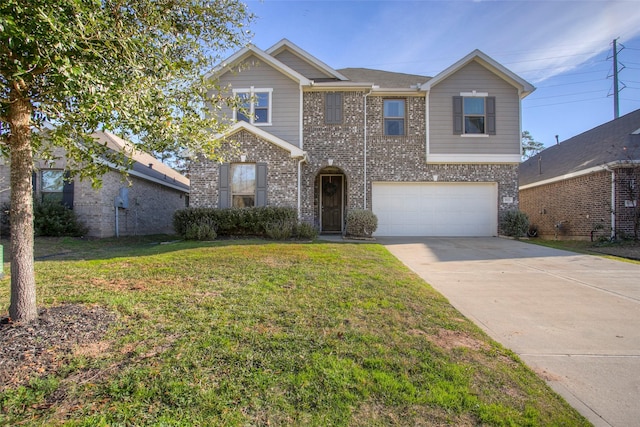 view of front of property with a front lawn and a garage