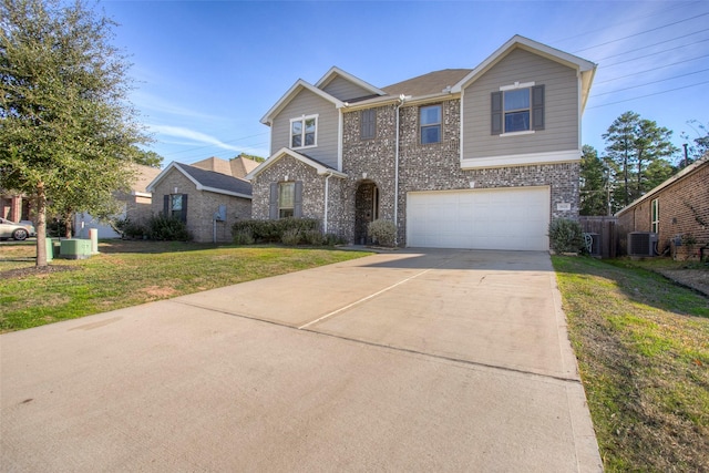 view of front facade featuring a front yard, a garage, and cooling unit