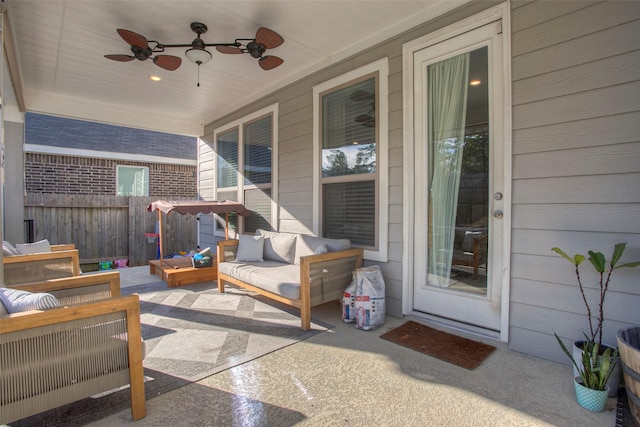 view of patio / terrace with ceiling fan and an outdoor hangout area