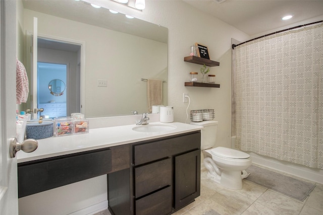 full bathroom with toilet, shower / bathtub combination with curtain, and vanity