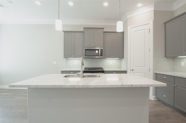 kitchen featuring gray cabinetry, stainless steel appliances, and an island with sink