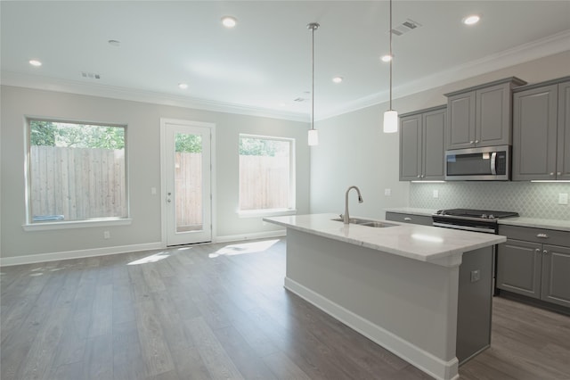 kitchen with a kitchen island with sink, gray cabinets, stainless steel appliances, light stone counters, and sink