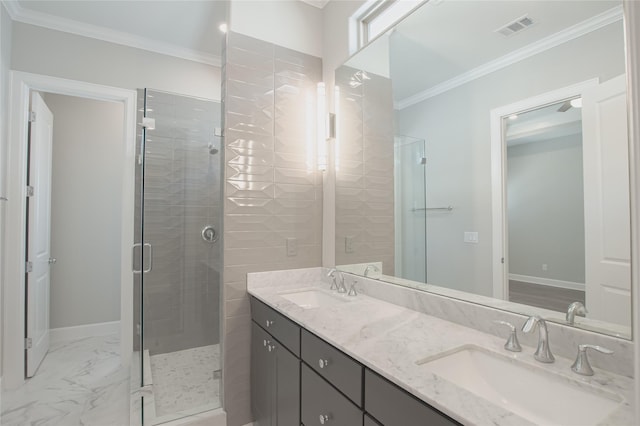 bathroom featuring an enclosed shower, vanity, and ornamental molding