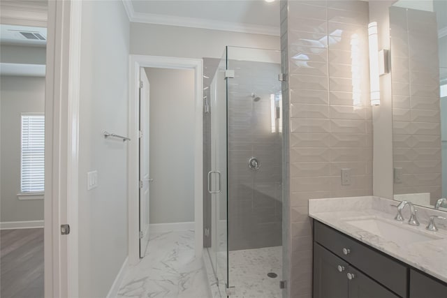 bathroom with an enclosed shower, crown molding, and vanity