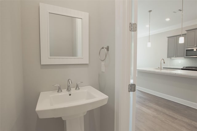 bathroom featuring sink, hardwood / wood-style floors, ornamental molding, and tasteful backsplash