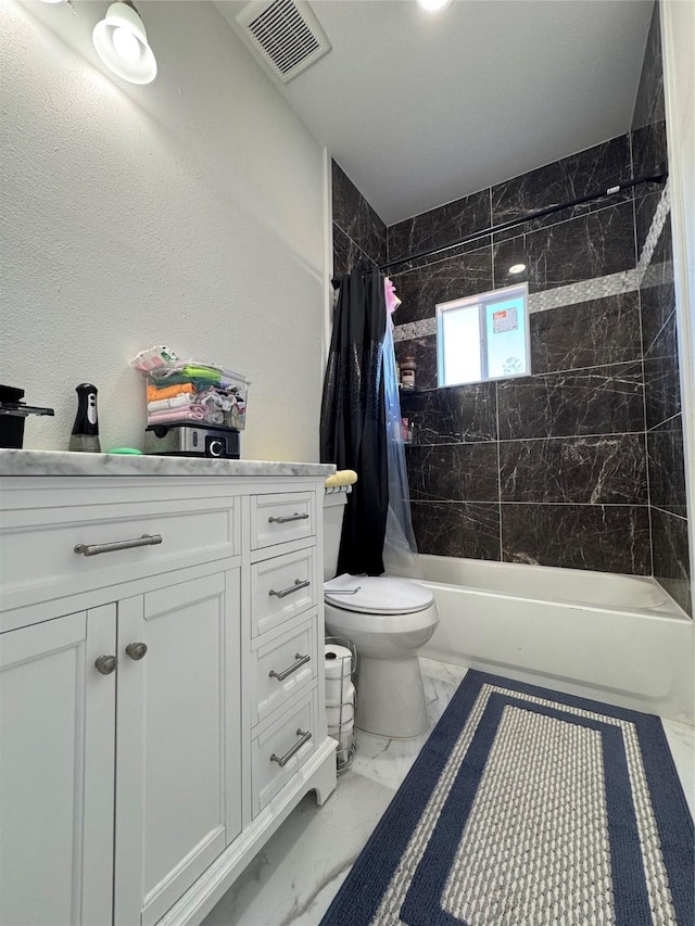 full bathroom with toilet, shower / bath combination with curtain, and vanity