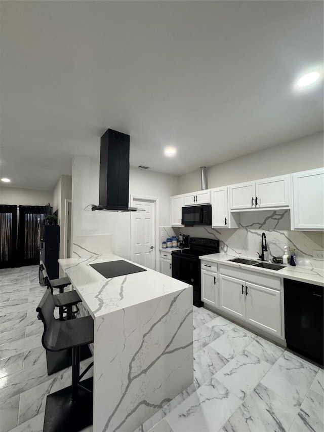 kitchen featuring black appliances, white cabinets, sink, and ventilation hood