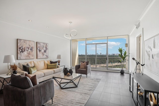 living room featuring plenty of natural light, crown molding, and expansive windows