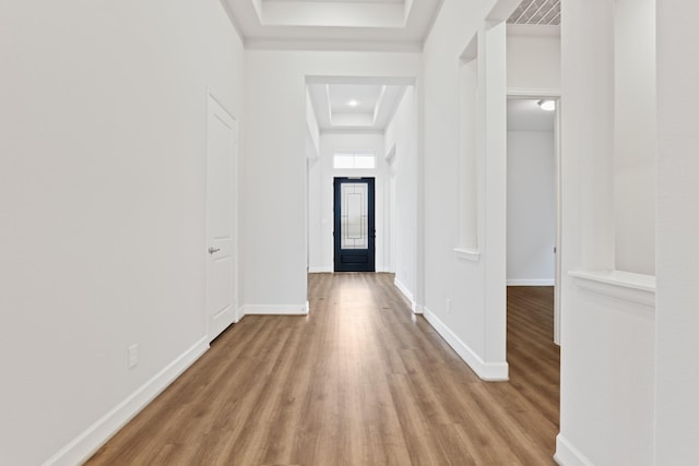 corridor featuring a tray ceiling and light hardwood / wood-style flooring