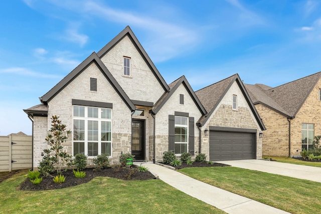 french country inspired facade featuring a front yard and a garage