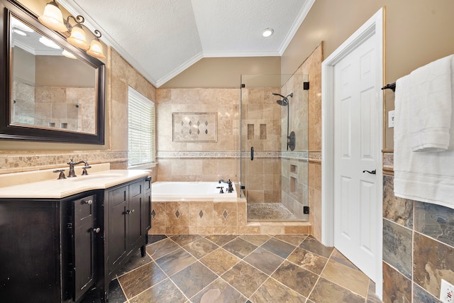 bathroom with plus walk in shower, vanity, crown molding, a textured ceiling, and lofted ceiling