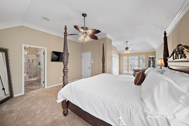 bedroom with vaulted ceiling, ceiling fan, ornamental molding, carpet flooring, and ensuite bathroom