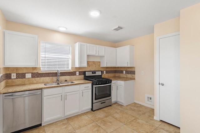 kitchen featuring sink, stainless steel appliances, white cabinetry, and tasteful backsplash