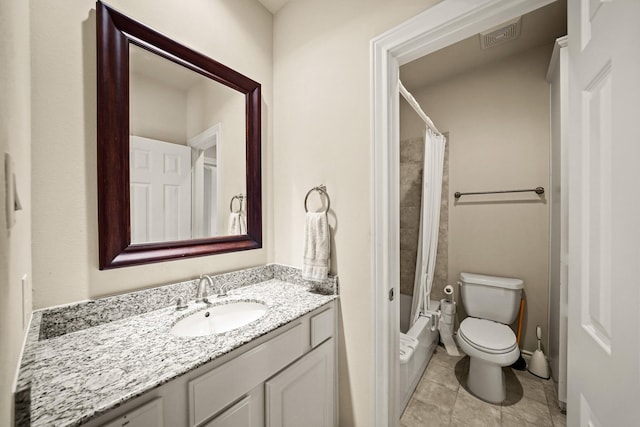 full bathroom with vanity, tile patterned flooring, toilet, and shower / bath combination with curtain